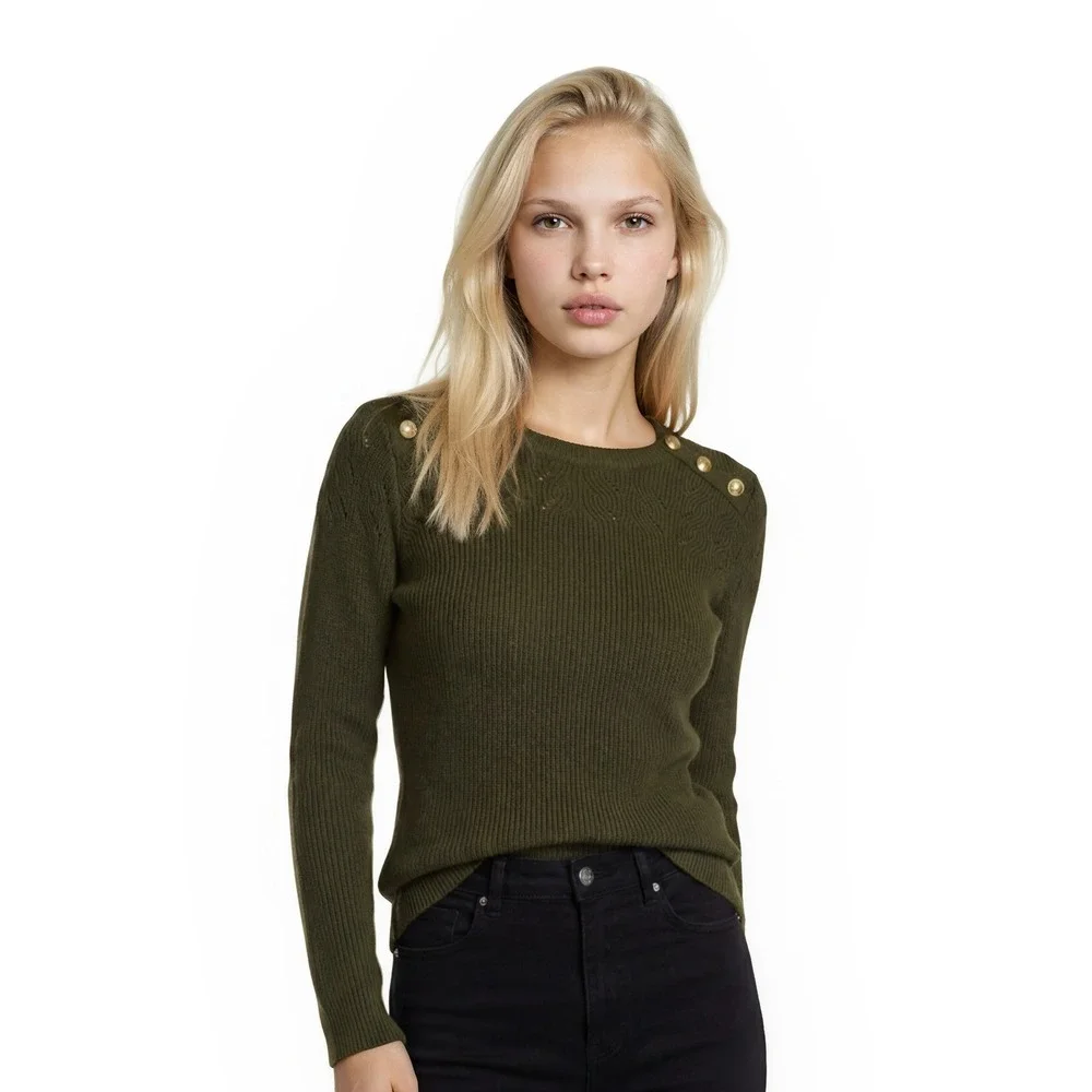 Talbots Sweater Women's Size Medium Petite Olive Green Pointelle Gold Buttons‎